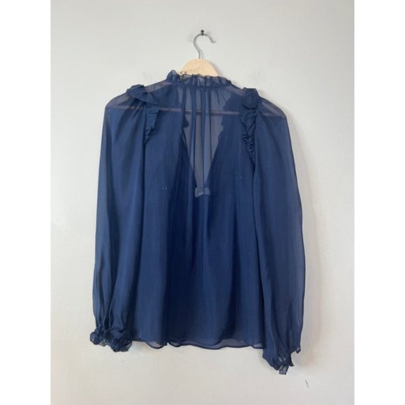 NWT Cami NYC Sheer Chiffon Ruffle Sandy Storm Navy Blue Sheer Blouse Top - Picture 6 of 7